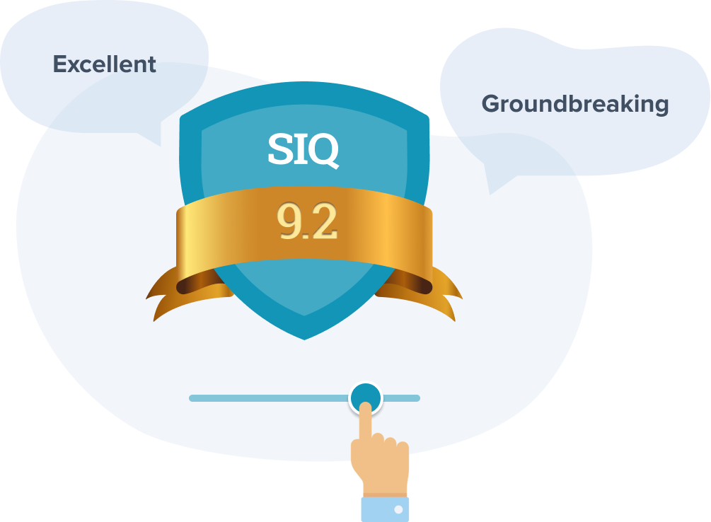 A scholarly impact quotient graphic with a slider, a rating of 9.2, and the words, “Excellent” and “Groundbreaking”
